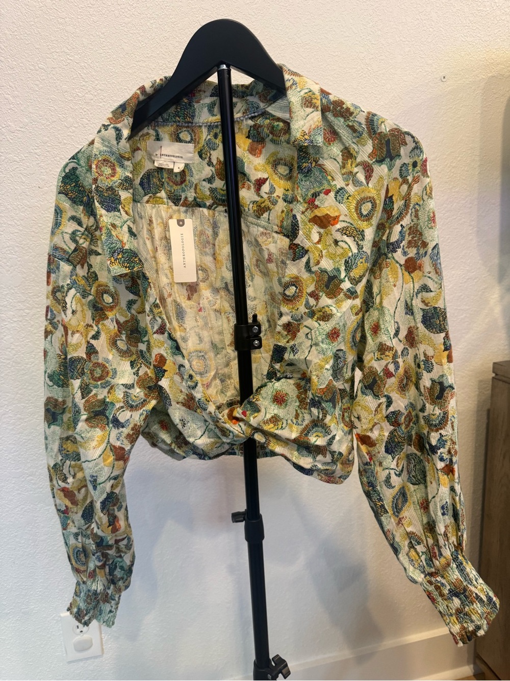 Anthropologie Cream Floral Tie-Front Blouse with Green and Mustard Accents